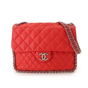CHANEL Matelasse Chain-Around Shoulder Handbag in Red Lambskin with Silver Ha...